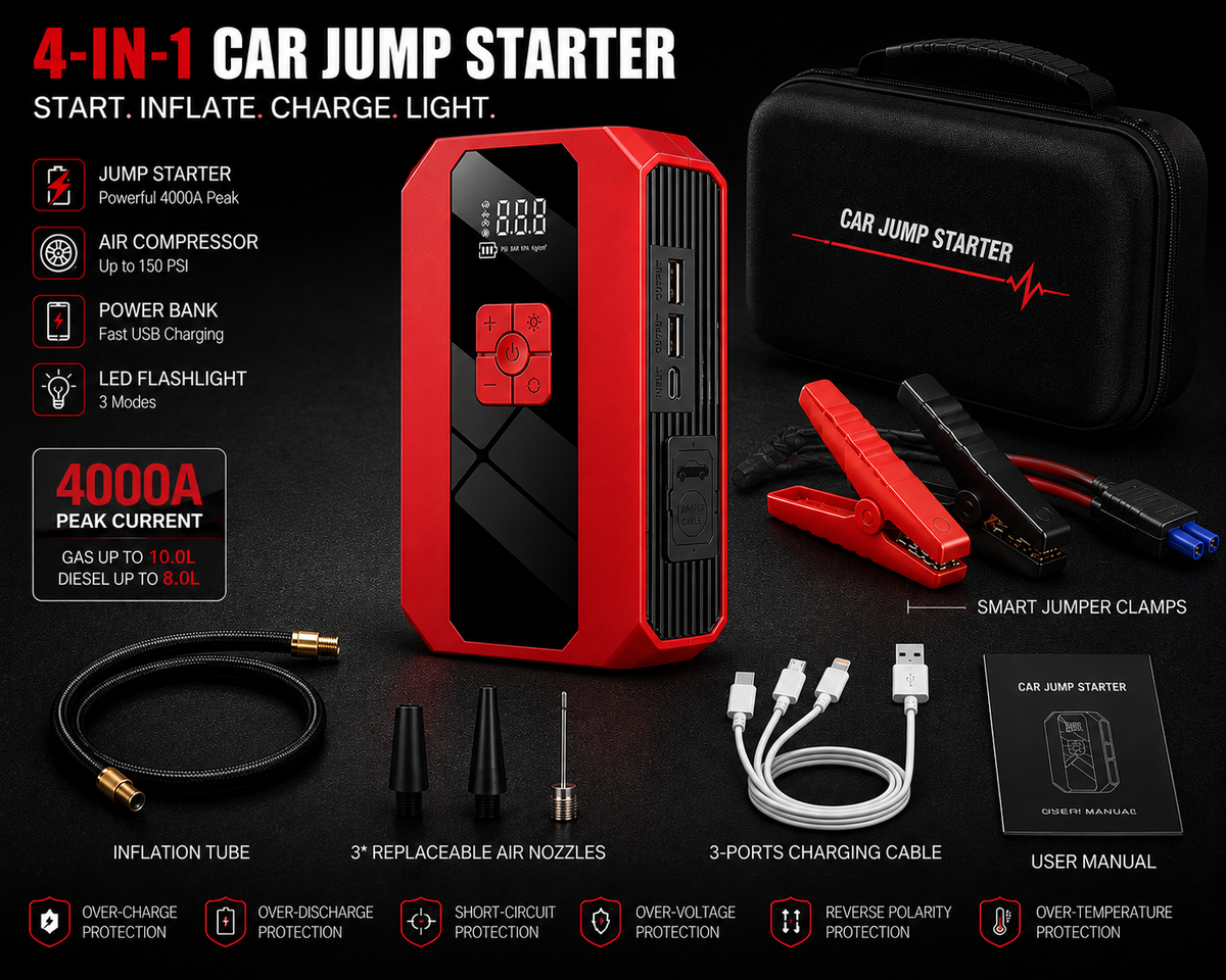 Portable Car Jump Starter with Air Compressor 4000A, 12V Battery Booster Pack, Jump Box, Power Bank & LED Flashlight for Cars, Trucks & SUVs