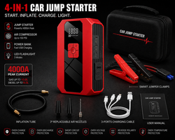 Portable Car Jump Starter with Air Compressor 4000A, 12V Battery Booster Pack, Jump Box, Power Bank & LED Flashlight for Cars, Trucks & SUVs