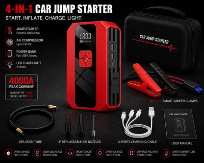 Portable Car Jump Starter with Air Compressor 4000A, 12V Battery Booster Pack, Jump Box, Power Bank & LED Flashlight for Cars, Trucks & SUVs